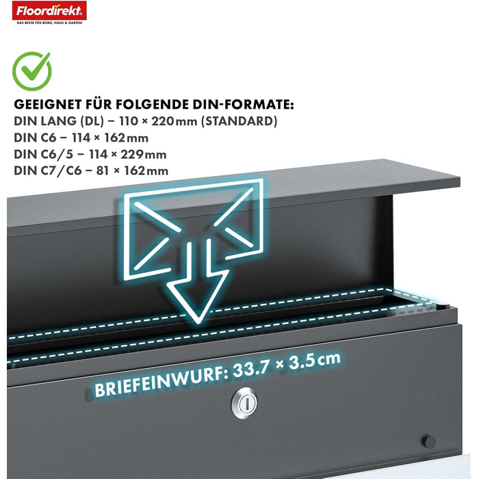 Поштовий ящик Floordirekt Gaston антрацит з газетницею та замком, сучасний, з кришкою та великим отвором для листів
