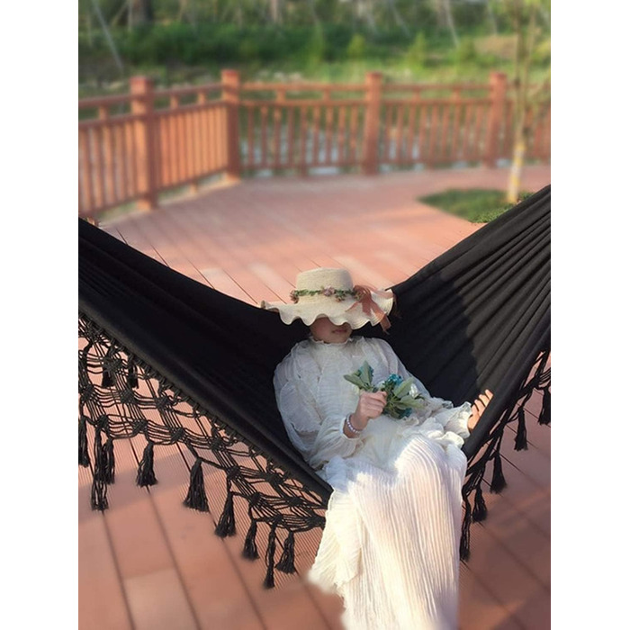 Гамак для дому та вулиці Boho макраме подвійний великий бавовняний м'який для двох осіб 200x150 см, до 200 кг (Чорний)