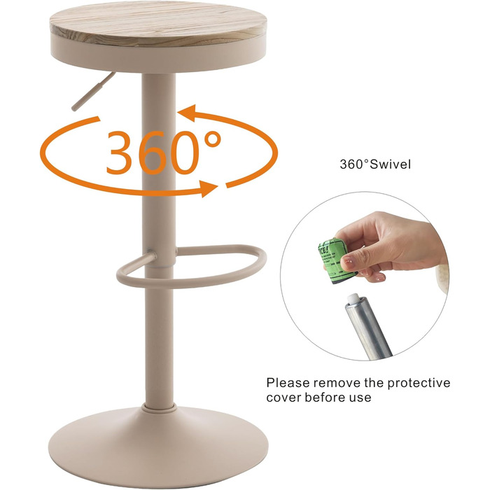 Kidol Adjustable Height Bar Stools 2-Pack - 360° Swivel, Round Wood Seat, Metal Frame - Kitchen/Bar/Living Room Stools
