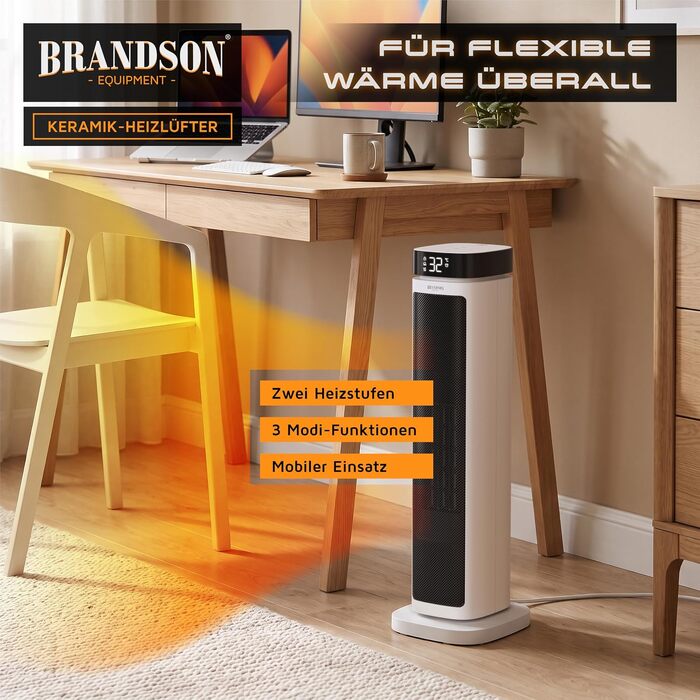 Тепловентилятор Brandson з дистанційним керуванням, 2000 Вт, функція обертання, ECO-режим, 2 рівні підігріву, захист від перегріву та перекидання, для кімнати, ванної та дитячої