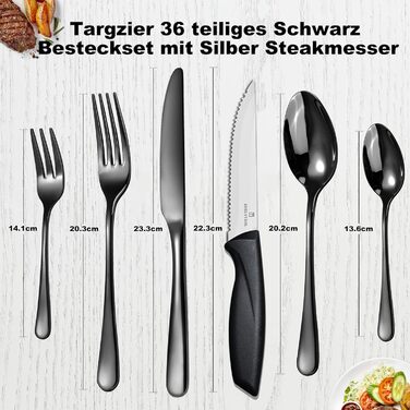 Набір столових приборів на 6 осіб, Targzier, 36 предметів, нержавіюча сталь, з ножем для стейка, преміум-якість, для сім'ї/вечірки/готелю, чорний, придатний для миття в посудомийній машині