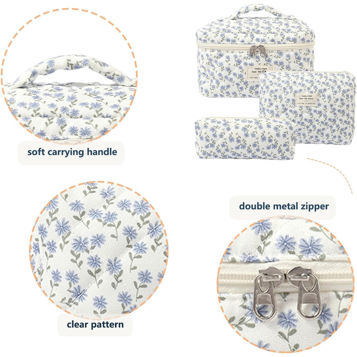Косметичка для жінок, набір 3 шт. велика бавовняна косметичка для подорожей, органайзер для макіяжу, косметична сумочка з квітковим візерунком (блакитна павічева квітка)