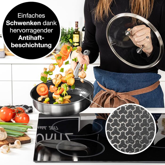 Сковорода Moritz & Moritz антипригарна 28 см індукційна з керамічним покриттям та стільниковою структурою. Сковорода з нержавіючої сталі з високими бортами, підходить для всіх видів плит (з кришкою, Ø 24 см)