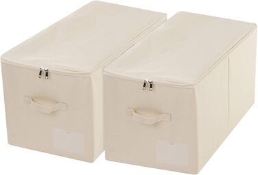 Amonseen 2 Large Foldable Fabric Storage Boxes with Zipper Lid for Queen/King Size Bedding, Winter Clothes in Bedroom Closet, Beige