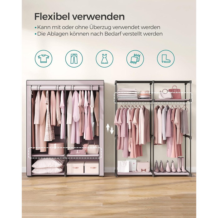 SONGMICS Storage Cabinet, Portable, with Hanging Rod, Foldable, Wardrobe, Bedroom, Office, 140 x 43 x 174 cm, RYG02GY (Violet-Lavender)