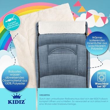 Kidiz® Baby Footmuff Baby Footmuff Winter Footmuff Car Seat with Zipper Snuggle Sack Baby Blanket Stroller Washable, Lockable Headrest, Pocket, Suitable for All Strollers, Jeans Grey