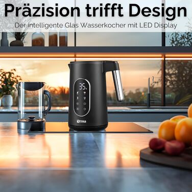 Електричний чайник-заварник зі сталі з регулюванням температури 40-100°C, 1.7 л, 2200 Вт, без BPA, з підігрівом та LED дисплеєм (чорний)