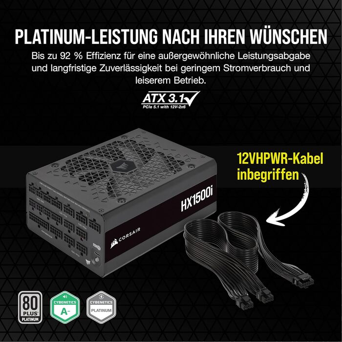 Блок живлення Corsair HX1000i 1500W, повністю модульний, ATX 3.1 & PCIe 5.1, 80 Plus Platinum, iCUE, чорний