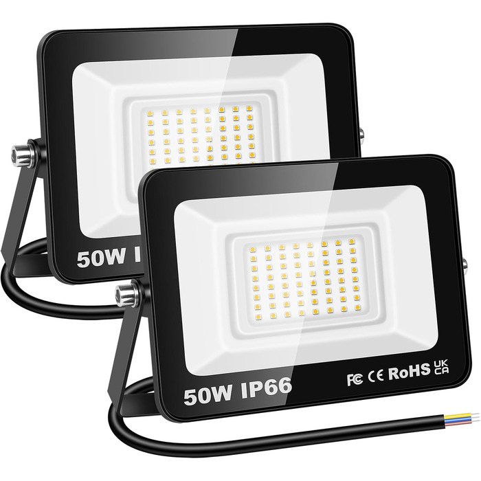 RIGIDON 2x 75W LED Floodlights Outdoor, 7500LM Outdoor Floodlight, 3000K Warm White IP66 Waterproof LED Floodlight, Outdoor Lamp for Garden, Courtyards, Garage, Hotel, Sports Field, Workshop (2 x 50W)
