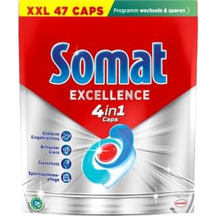 Капсули для посудомийних машин Somat Excellence 4in1, швидкорозчинні та без запаху, для ідеальної чистоти та блиску в Eco-режимі, 176 шт (47 шт x 4 пак)