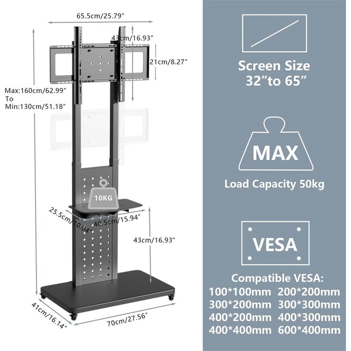 Підставка для телевізора Unho на коліщатках, поворотна 90°, регульована по висоті, з 2 полицями, для телевізорів 32-65