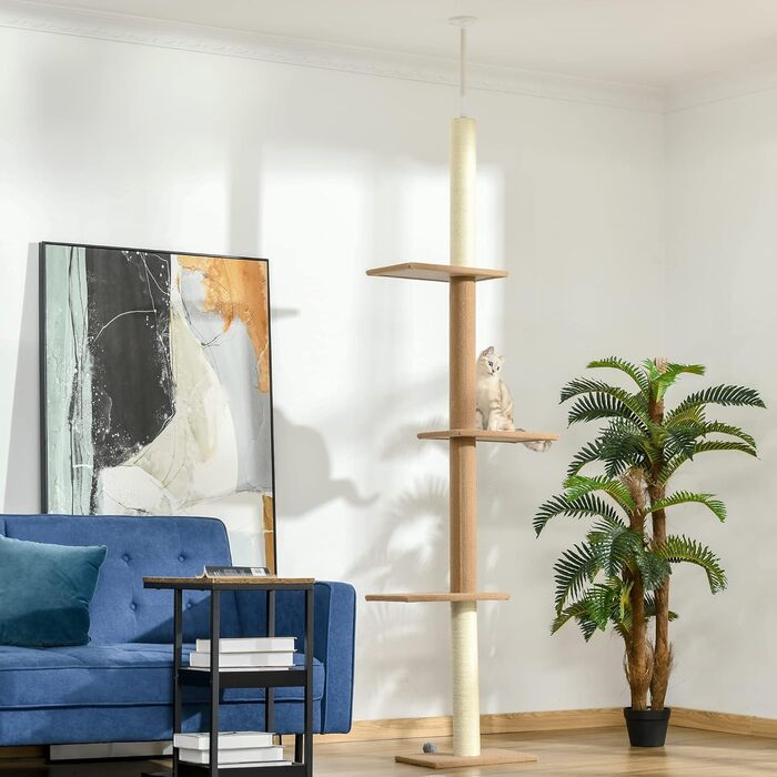 PawHut Cat Tree, Ceiling-High, 228-260 cm Adjustable Height Cat Tree/Climbing Tree for Cats with 3 Levels, Cat Scratching Post, Floor-to-Ceiling Play Tree (Khaki)