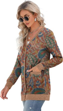 Жіночий в'язаний кардиган Grecerelle з довгими рукавами, V-подібний виріз, з кишенями та ґудзиками, м'який, довгий, стильний, з візерунком пава, червоний (S)