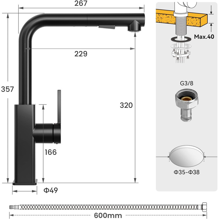 Кухонний змішувач CECIPA висувний з душем, чорний, нержавіюча сталь, 360° поворот, 2 режими струменя, для кухні