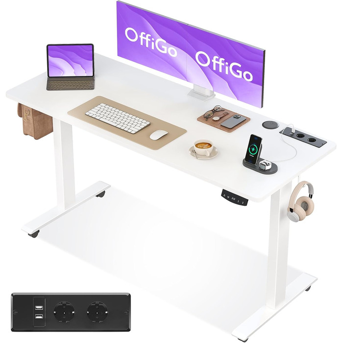 OffiGo Electric Standing Desk with USB Ports - Height Adjustable Desk for Home & Office - Memory Function, White - 140x54cm