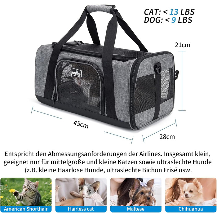 Транспортна переноска для котів та собак, складна, для авіаперельотів, сіра, 45 x 28 x 21 см