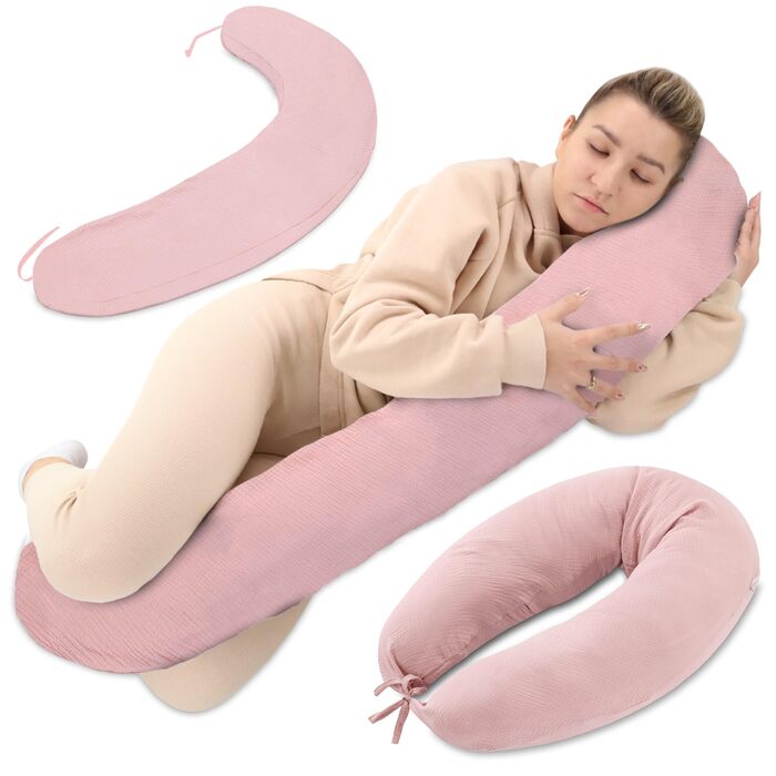Подушка для вагітних Totsy Baby XXL 190 см - подушка для сну на боці, підтримка тіла, муслінова наволочка, Oeko-Tex, пудрово-рожевий колір