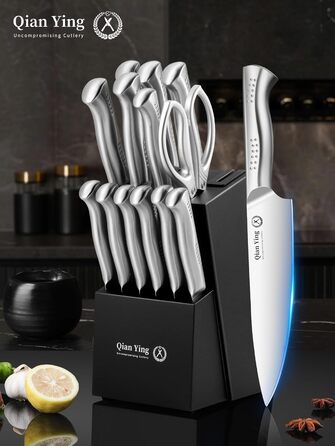 Набір кухонних ножів Qianying з блоком: 14 предметів. Набір ножів з підставкою, точилка, срібний колір. Кухонні ножі, подарунок для мами. Преміум якість.