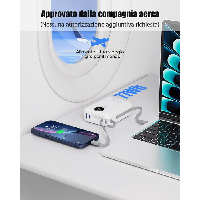 Powerbank 20000 mAh з вбудованими кабелями: акумулятор для телефону з 22,5 Вт швидкою зарядкою, USB-C (вхід та вихід), портативний зарядний пристрій з 4 виходами та 2 входами