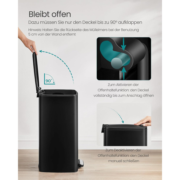 Сміттєве відро SONGMICS для кухні з механізмом закривання Softclose, 30 л, чорний (LTB592E01)
