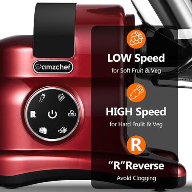 AMZCHEF Juicer with 80mm Large Feed Chute - 150W Juicer Slow Juicer with 2 Speed Modes and Reverse Function - Juicer for Whole Vegetables and Fruits Test Winner - Red Juicer Red