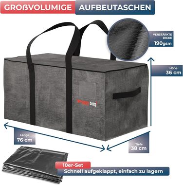 Pack of 4 Large Plastic Storage Bags – XXL Bags for Moving & Travel – Sturdy, thick & waterproof with reinforced handles – for clothing & bedding – 75 x 36 x 38 cm (Grey, 10 pack)