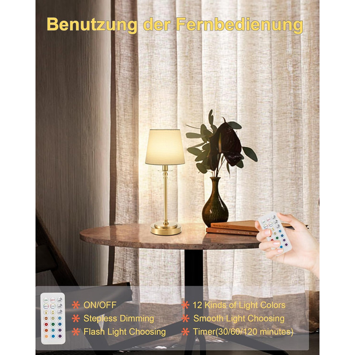 Акумуляторна настільна лампа: портативна, бездротова з регулюванням яскравості, для дому та саду, абажур з льону, античне біле металу, RGB синій абажур