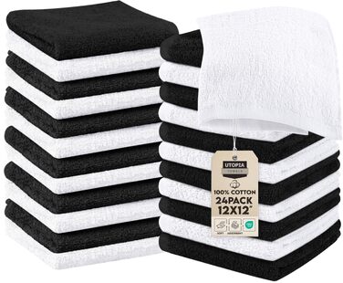 Набір м'яких фланелевих рушників для обличчя Utopia Towels, 100% бавовна, гігроскопічні, 24 шт., чорний/білий