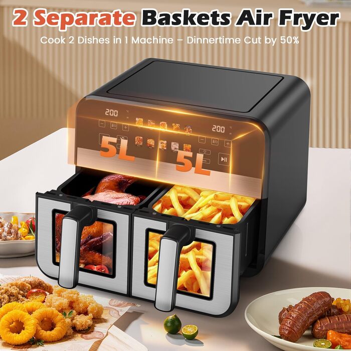 Фритюрниця повітряна KAITOL Dual Zone 10L, 2400W з подвійними зонами, 10 програм, цифровим дисплеєм, антипригарним покриттям, функціями розморожування та випікання, чорного кольору