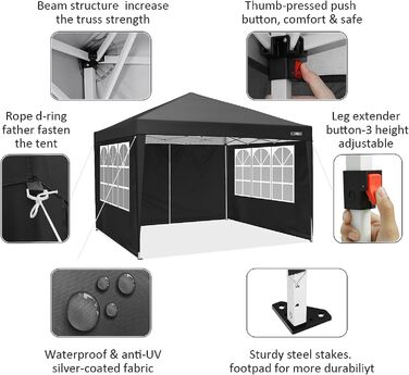 COBIZI Gazebo 3x3 Waterproof, Stable, Winter-Proof Party Tent 3x3 with 4 Side Walls, Pop-Up Folding Gazebo, UV Protection 50+, Garden Gazebo with Handbag, 8x Pegs and 4x Wind Rope, Black