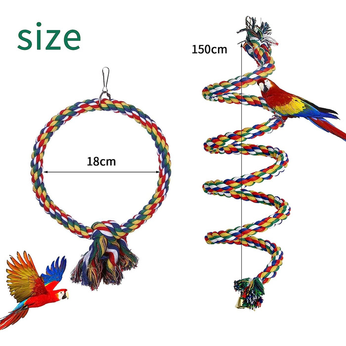Aedcbaide Bird Toy for Parrots 2 Pack, Bird Parrot Toy Parakeets Hanging Toy Bells Swing 150 cm and 17.8 cm Diameter Bird Swing for Canaries, Cockatiels Hanging