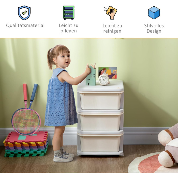 HOMCOM Kids' Storage Drawer Cabinet with Storage Boxes, Toy Organizer, Toy Chest, Three Tiers for Kids' Rooms, 3-6 Years, Children's Furniture, 37 x 37 x 56.5 cm (37L x 37W x 56.5H cm, Cream White)