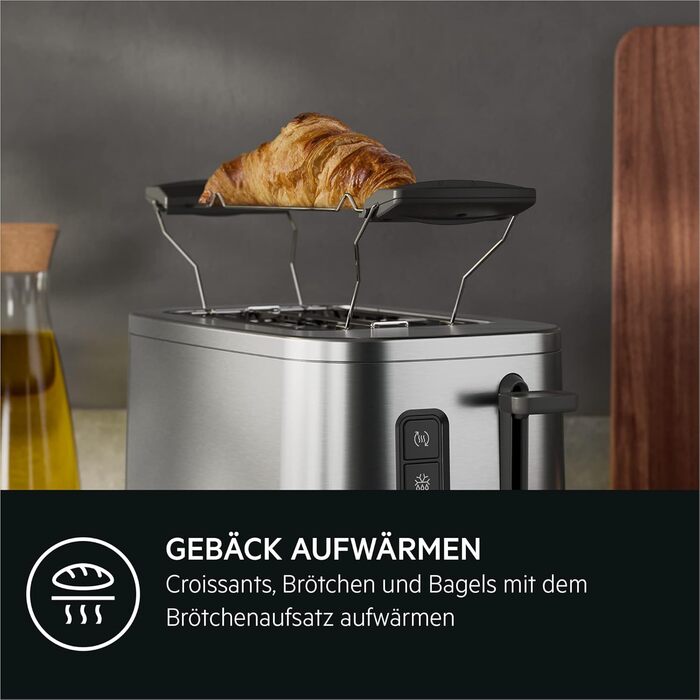 Тостер AEG T5-1-4ST Deli 5 з 7 режимами, таймером, функціями стоп, розморожування, підігріву, автоматичним центруванням, корпусом Cool-Touch, широкими слотами, піддоном для крихт, нержавіюча сталь