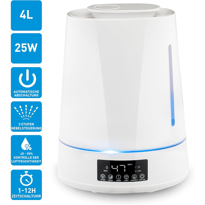 Grundig Humidifier and Aroma Diffuser 4L - Diffuser Essential Oils - Humidifier with Hygrometer and Timer - Rooms of 15 to 30m2 - 26 x 15 x 33 CM - White