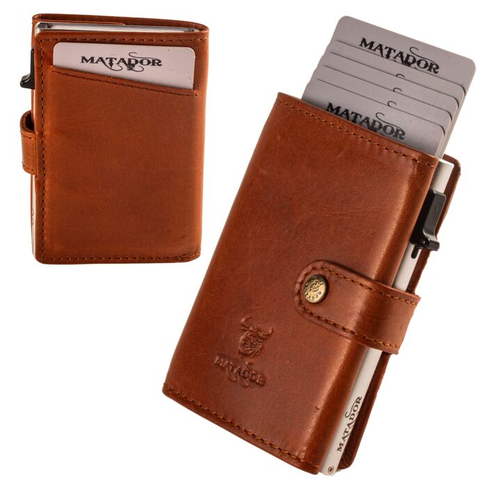 Гаманець Matador Slim Miami без відділення для монет – шкіряний картхолдер з RFID-захистом та POP-UP механізмом, коричневий вінтаж. Міні-портмоне зі шкіри для чоловіків у подарунковій коробці