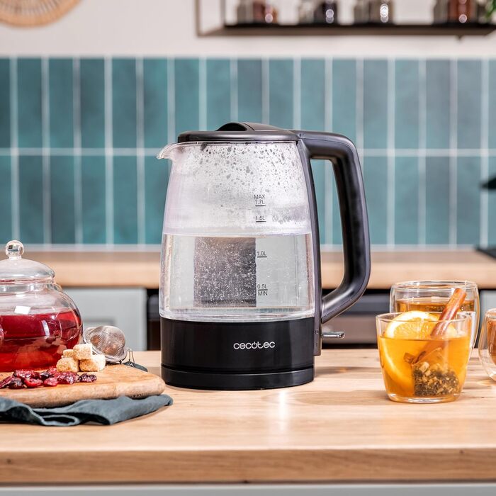 Скляний електрочайник Cecotec ThermoSense 340 Clear, 1.7 л, 2200 Вт, боросилікатне скло, LED-індикація, чорний