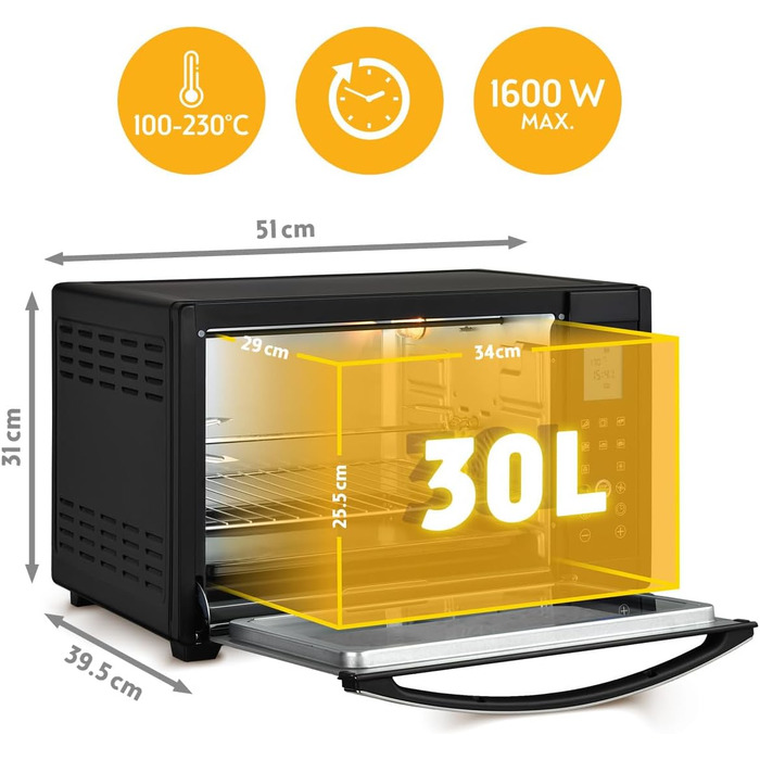 Міні-піч TZS First Austria Digital 30L 1600W з регулюванням температури, таймером та аксесуарами - для кухні та кемпінгу