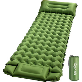 Glymnis Isomatte Camping Air Mattress - 9cm Thick with Foot Pump & Pillow - Ultralight Outdoor Sleeping Pad for Camping, Hiking & Travel - Army Green
