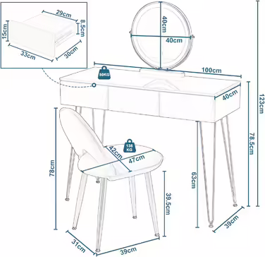 EUGAD Vanity Table with Stool and Mirror, 360° Swivel Makeup Mirror, Dressing Table Cosmetic Table with 2 Drawers, Upholstered Velvet Stool, 3D Effect Drawer, White and Gold (100x40cm, with LED Lighting)