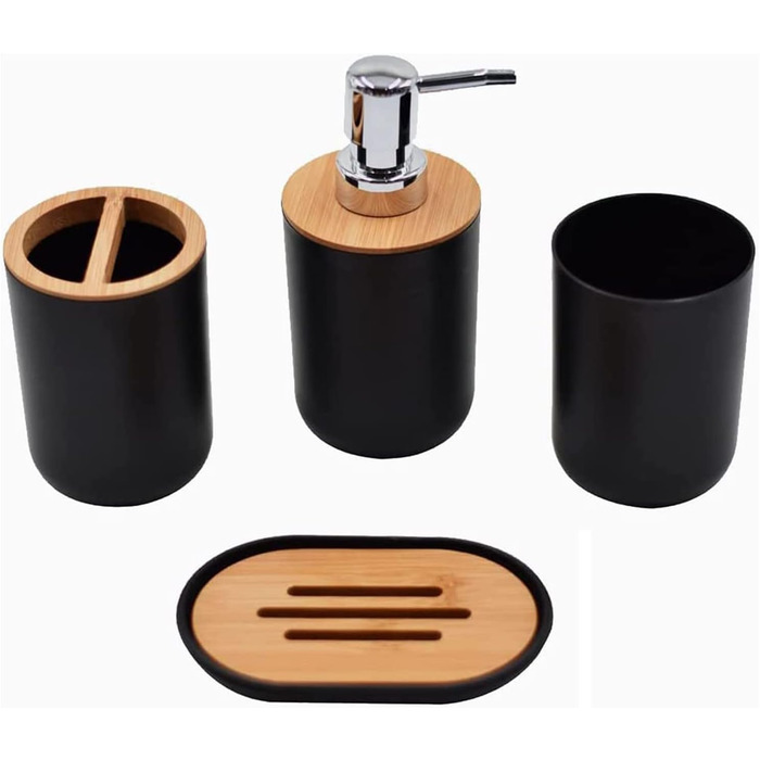 Bathroom Accessories Set - 6Pcs Bathroom Accessories Set made of Bamboo, Lotion Bottles, Toothbrush Holder, Tooth Cup, Soap Dish, Toilet Brush, Trash Can (4 Pcs Black)