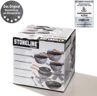 STONELINE Ceramic Cookware Set, 14-Piece, 18/20/24cm Pots and Pans, PFAS-Free, Cookware Set, Pan Set, Induction, Cookware Set with Lids, Ceramic Coating with Real Stone Particles, Wood-Look Handles, 14-Piece