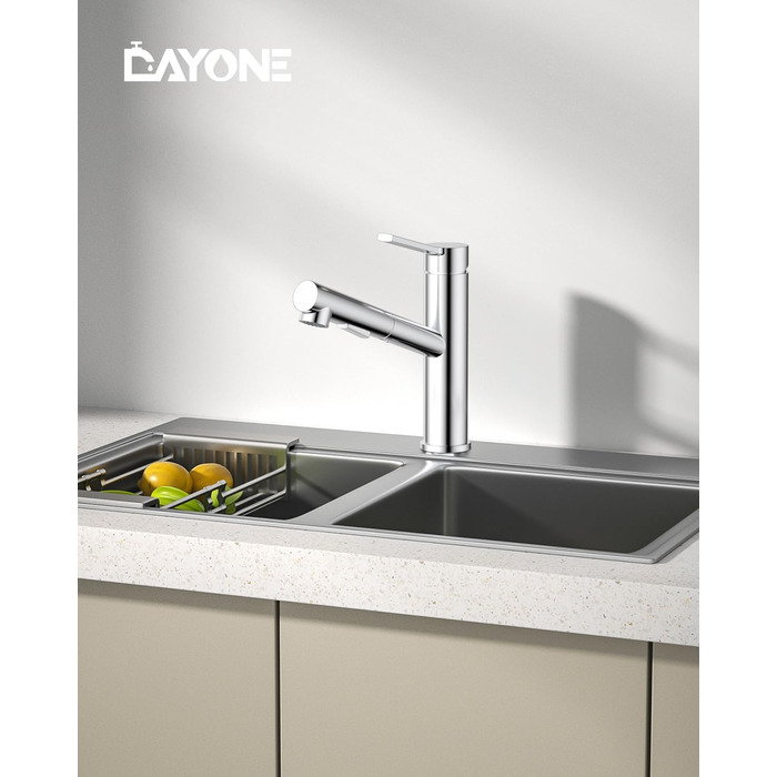 Змішувач кухонний DAYONE з висувною лійкою, нержавіюча сталь, 3 режими, 360° обертання, для кухонної мийки (15 см), матовий (хром, низький вигин-337)