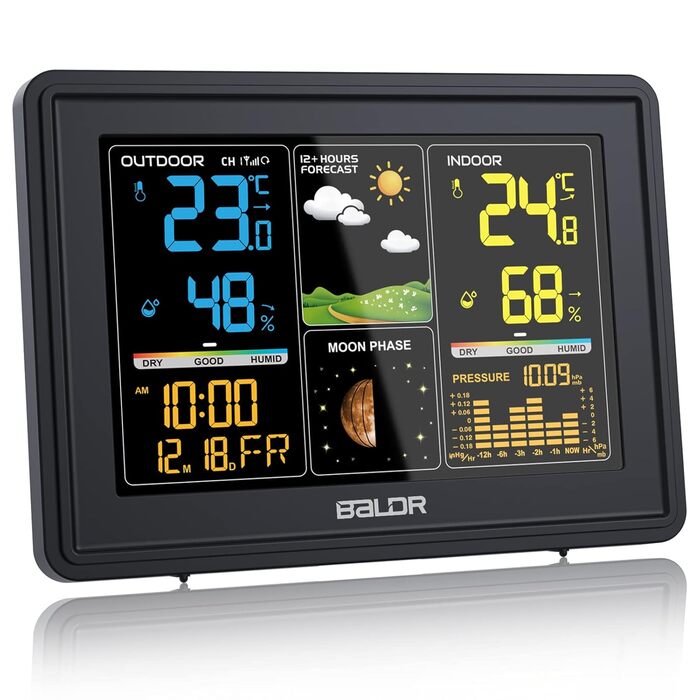 BALDR Weather Station Radio with Outdoor Sensor, Digital Color Display DCF Radio Clock Indoor and Outdoor Thermometer Hygrometer, Radio Weather Station with Weather Forecast, Barometer and Moon Phase, Power Adapter