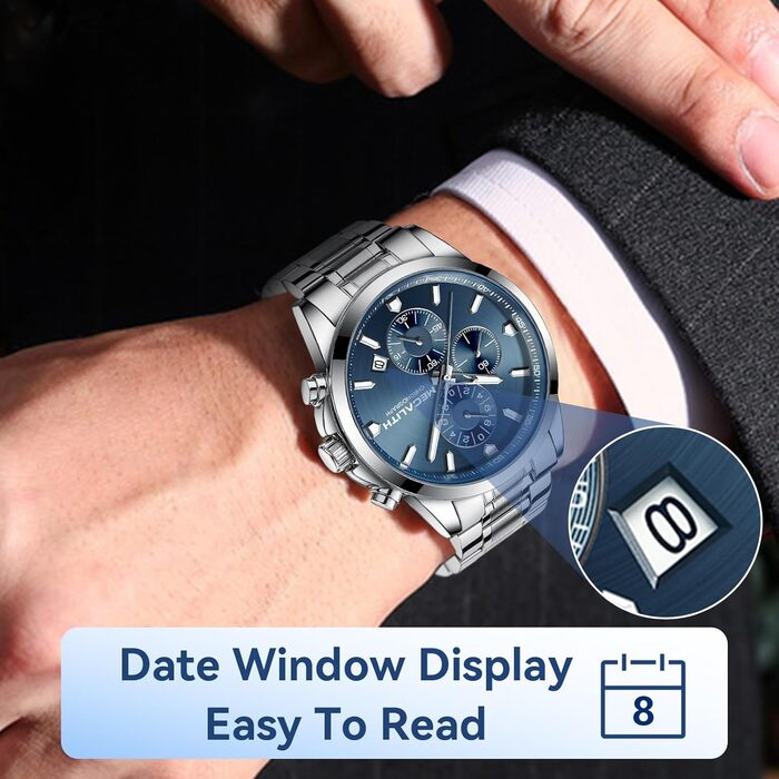 Чоловічий годинник MEGALITH з нержавіючої сталі, хронограф, водостійкий, аналоговий годинник для бізнесу, з календарем та підсвічуванням (B-silber-an)