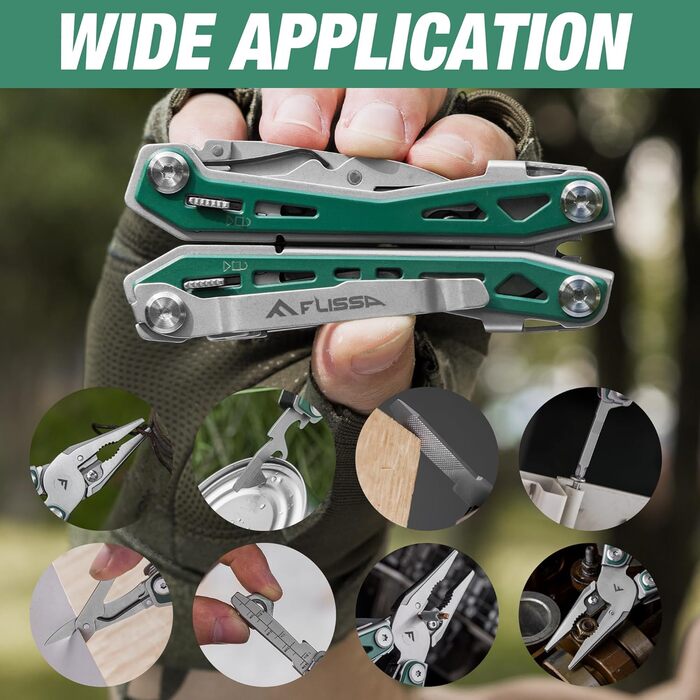 Мультитул FLISSA 16-в-1: мультиінструмент з нержавіючої сталі з ножем, ножицями, пилкою, відкривачкою для пляшок. Ідеально для кемпінгу, відпочинку на природі та ремонту. У комплекті сумка. Матовий зелений.