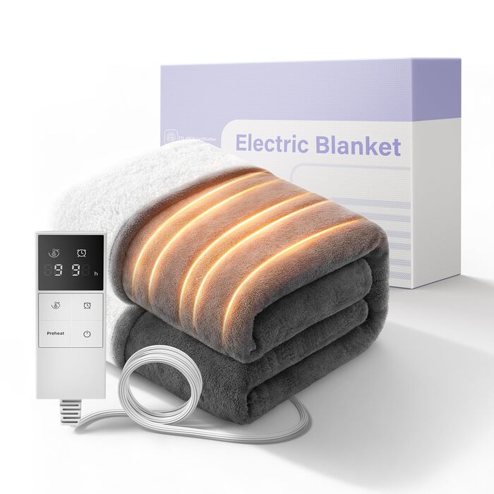 Електрична гріюча ковдра з 9 зон нагріву, таймером та функцією пам'яті, 160x120 см. Двостороння фланель та штучне хутро. Для 1 особи/дивану