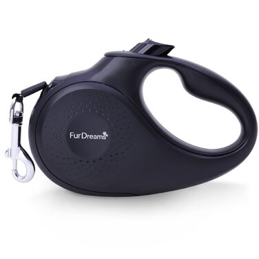Висувна поводок для собак FurDreams – міцний, 5-метровий поводок з надійним затискачем | Нековзний ручка з контролем блокування | Міцний нейлоновий поводок, що не заплутується & гачок для нашийника (Чорний, Великий) Чорний Великий