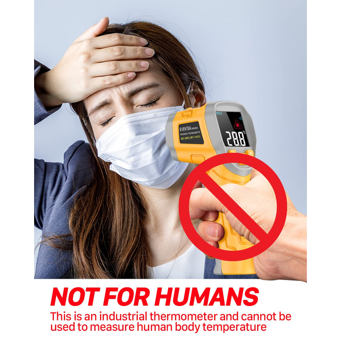 Інфрачервоний термометр Eventek -50°C ~ 600°C з лазером, регулюванням випромінювання та LCD-дисплеєм для гриля, піци, кухні та промисловості (жовтий)