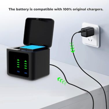 Зарядний комплект для GoPro Hero 12/11/10/9 Black: 2 акумулятори 2580mAh + триканальна зарядка Type-C з LED-індикатором