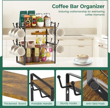 EsLuker.ly 2-Tier Mug Holder and Cup Stand, Mug Rack for Coffee Cups, Coffee Organizer for Countertop, Coffee Station Organizer with Mug Holder, Vintage Brown-Black